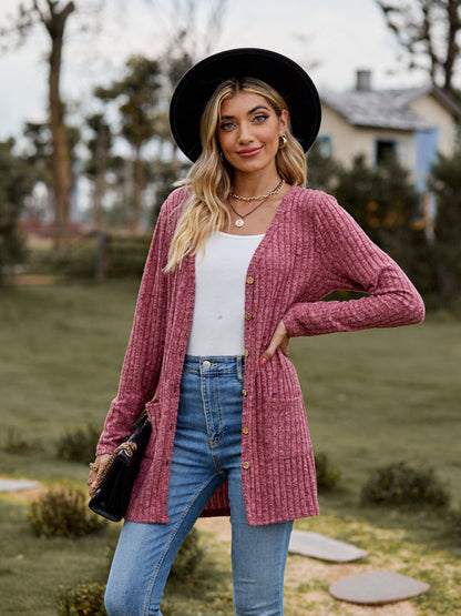 Brushed pitted solid color long-sleeved ladies cardigan