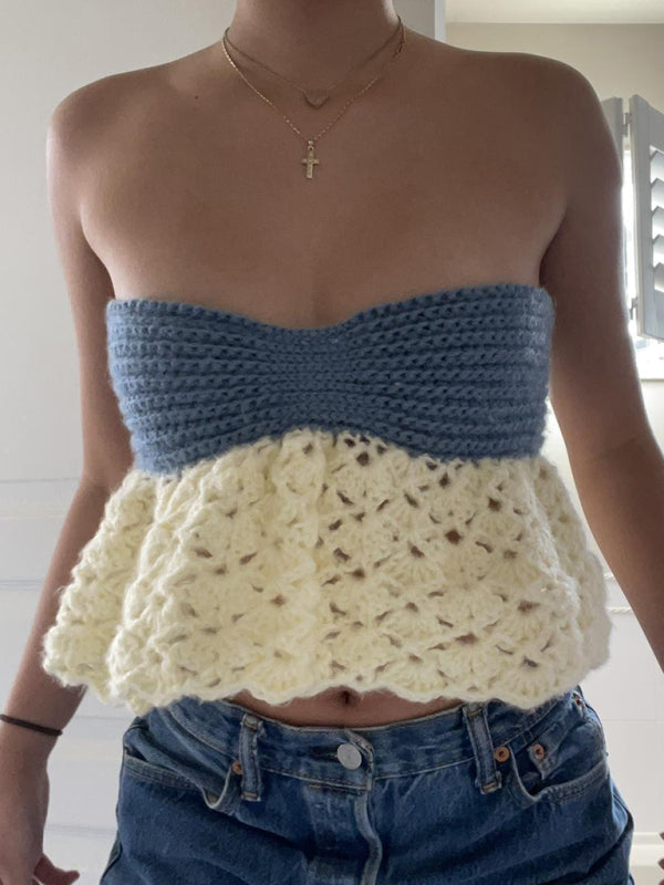 Sexy one-shoulder knitted top with color-blocked tube top