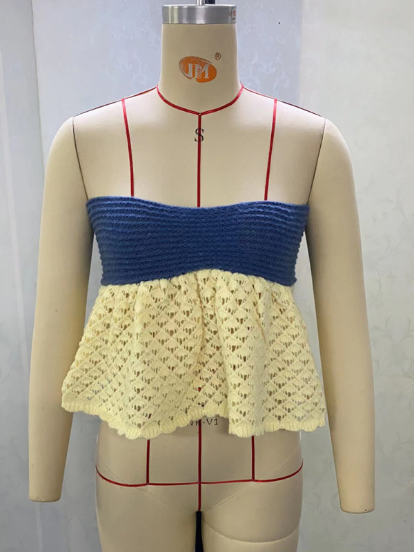 Sexy one-shoulder knitted top with color-blocked tube top