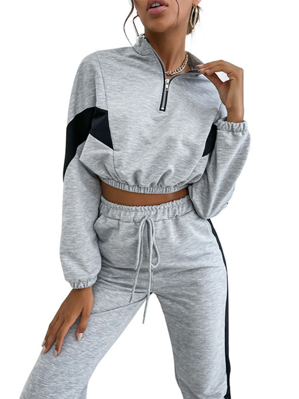 Zweiteiliger Sweatshirtanzug für Damen mit Farbblockdesign und langen Ärmeln