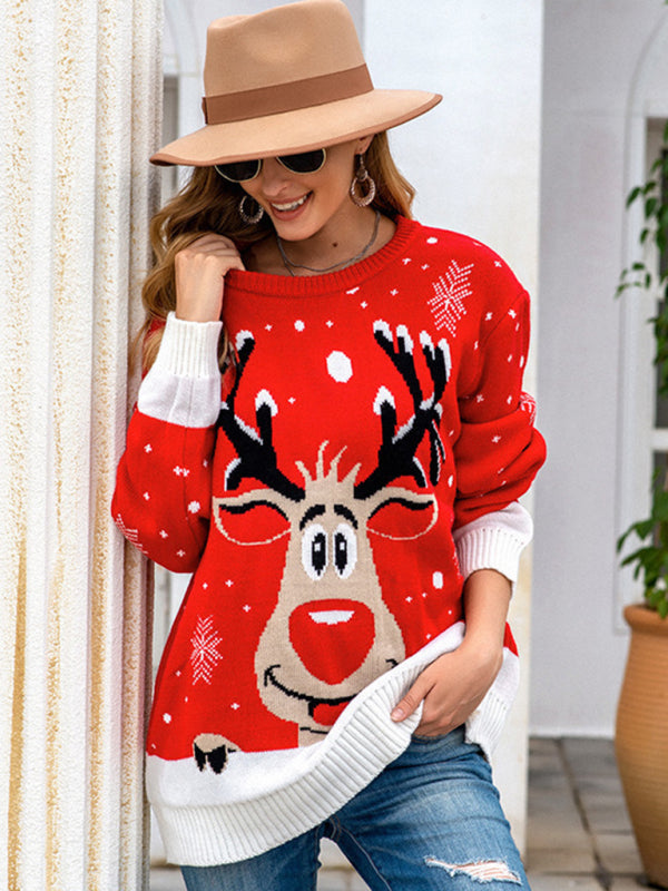 Christmas deer head snowflake jacquard pullover knitted sweater