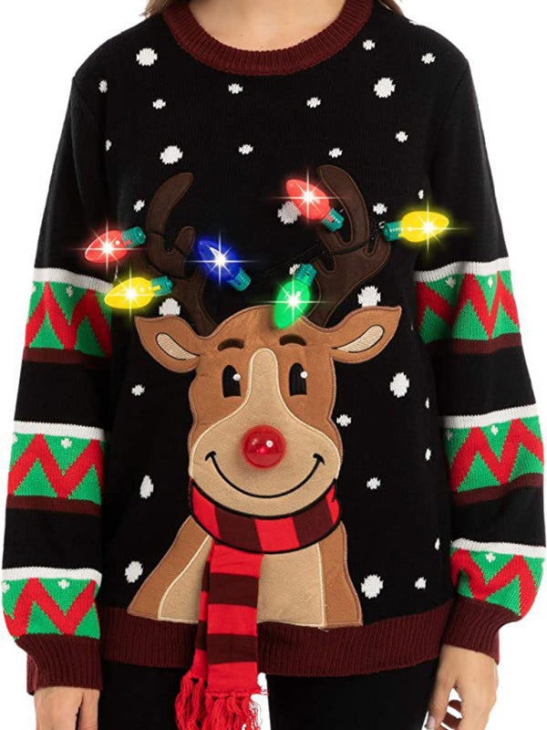 Christmas deer head snowflake jacquard pullover knitted sweater