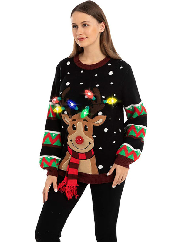 Christmas deer head snowflake jacquard pullover knitted sweater