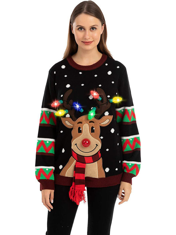 Christmas deer head snowflake jacquard pullover knitted sweater