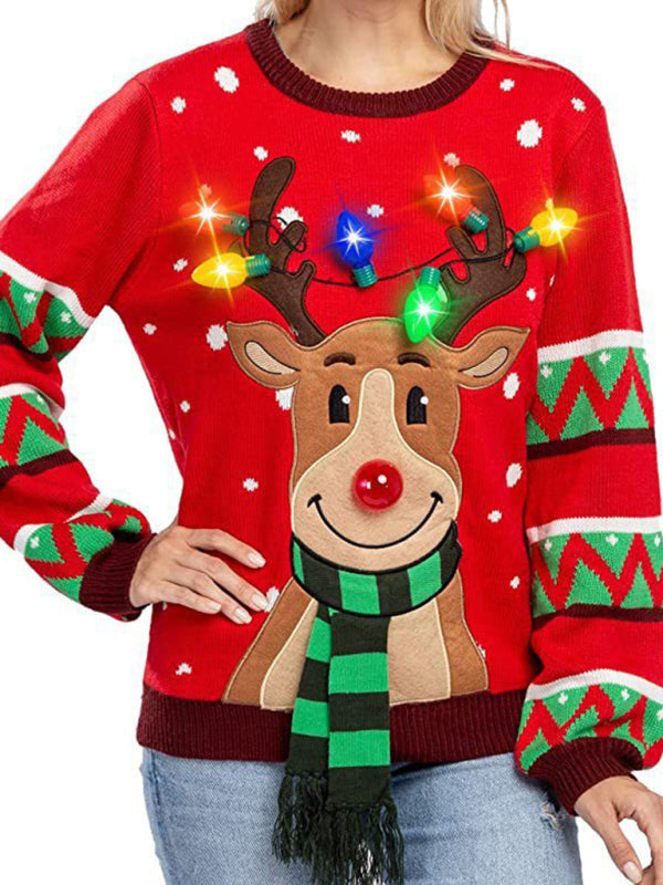 Christmas deer head snowflake jacquard pullover knitted sweater