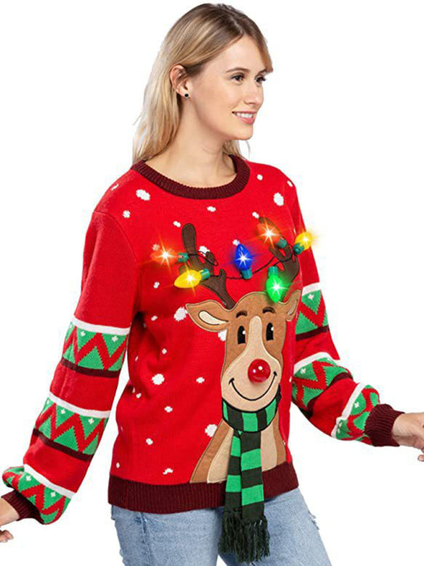 Christmas deer head snowflake jacquard pullover knitted sweater