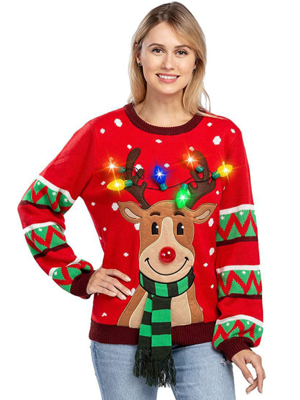 Christmas deer head snowflake jacquard pullover knitted sweater