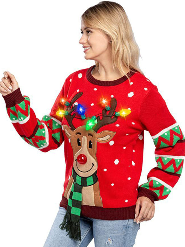 Christmas deer head snowflake jacquard pullover knitted sweater