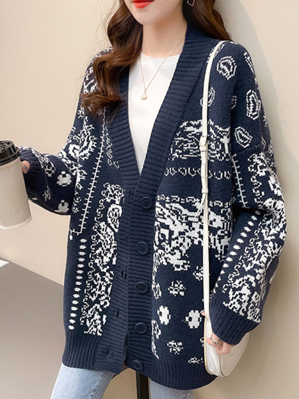 Weihnachtsstrickjacke mit Hirschkopf-Schneeflocken-Jacquard-Pullover 