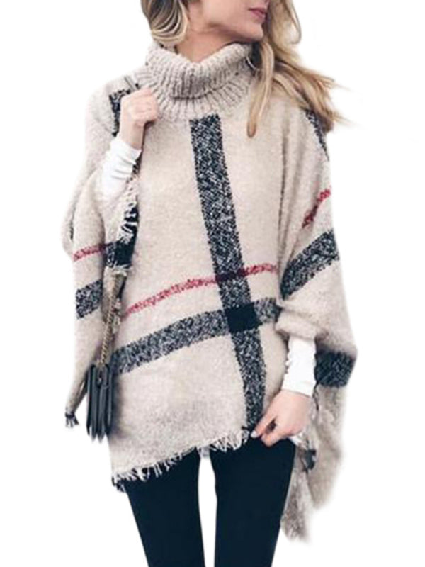 Mid-length high collar tassel cape loose knitted sweater