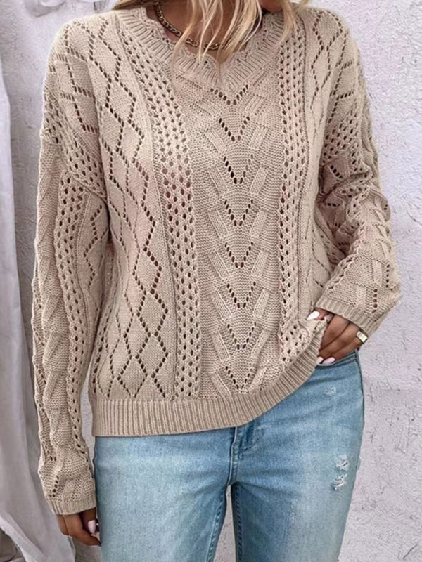 New style lazy style knitted sweater design hollow V-neck versatile top