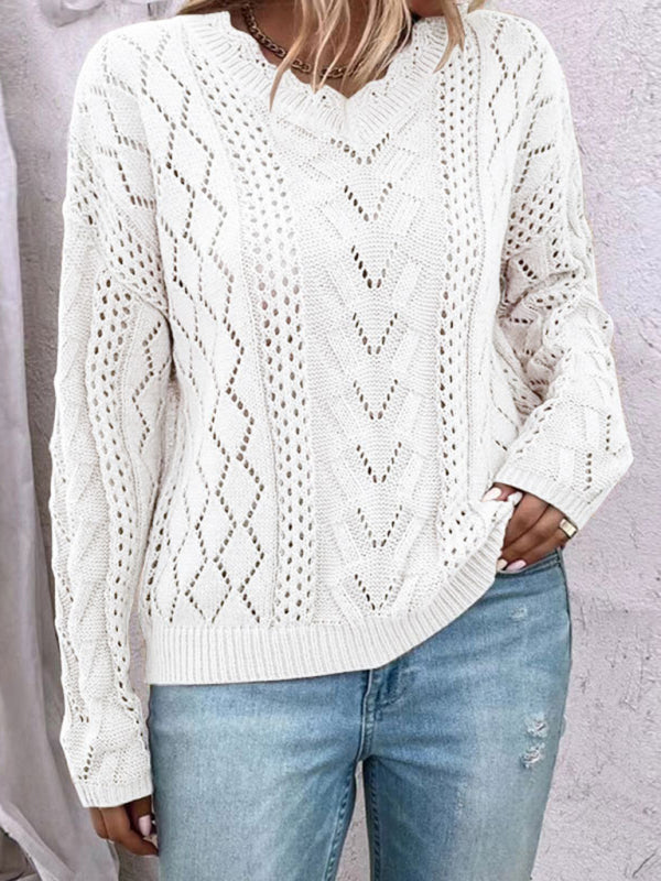 New style lazy style knitted sweater design hollow V-neck versatile top