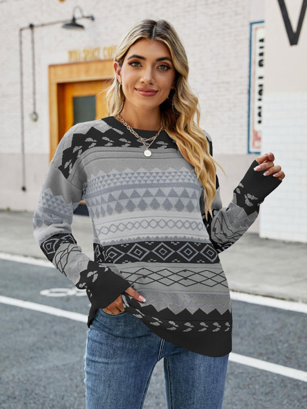 New retro pattern diamond jacquard multi-color patchwork sweater loose round neck pullover sweater