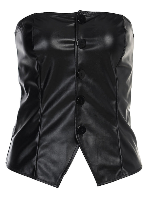 New PU leather single-breasted bateau collar slim and sexy backless tube top