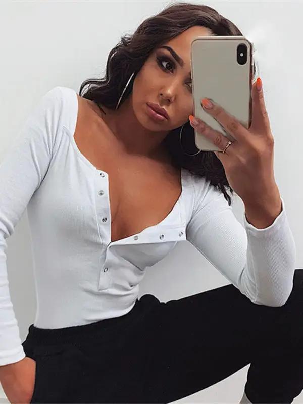 Casual white bodysuit with buttons, long sleeves