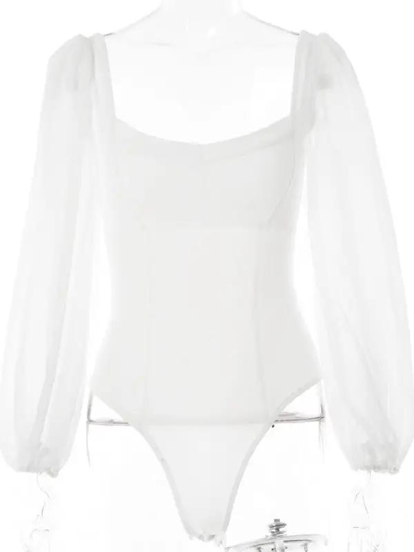 Front view of white square neck long sleeve bodysuit