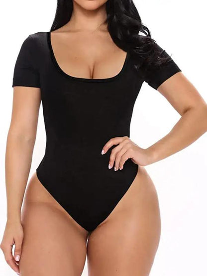 Black square neck short-sleeved bodysuit front view
