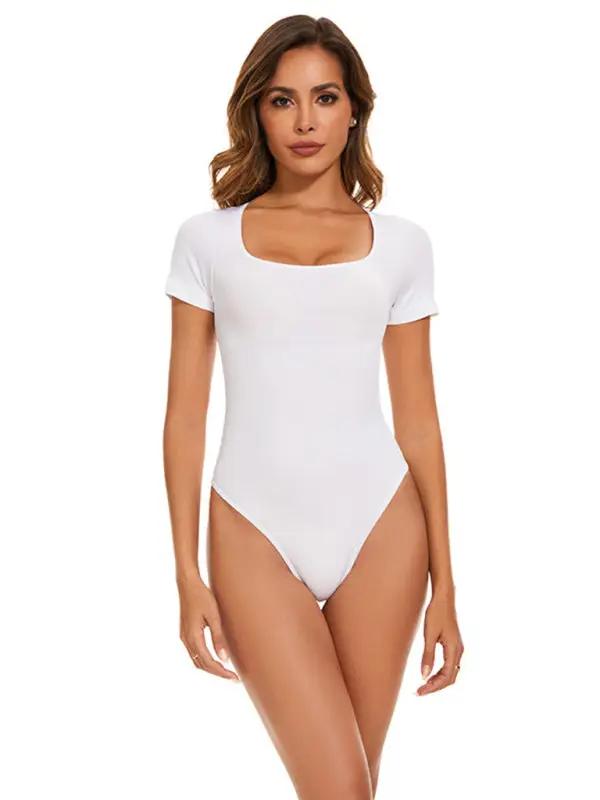White square neck backless short-sleeved bodysuit