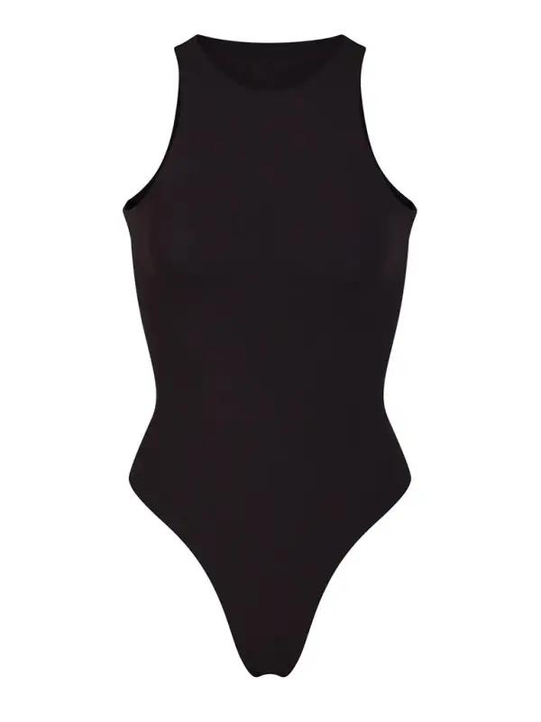 Front view of black high elastic bodysuit