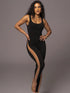 Black backless jumpsuit with side stitching detail