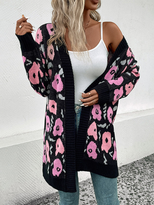 Nouveau Cardigan à manches longues pour femmes, pull tricoté à fleurs, couleur contrastée, 