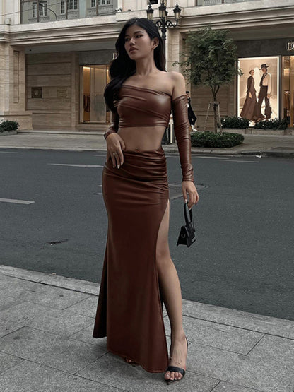 New gathered imitation leather crop top   tight slit hip skirt suit