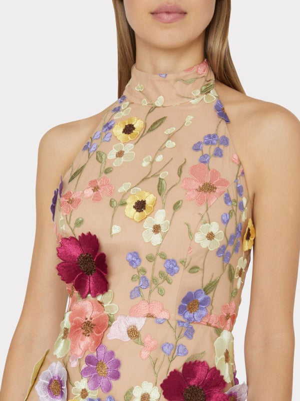 Neues, besticktes, dreidimensionales Blumen-Neckholder-dünnes Kleid für Damen, kleines Kleid 