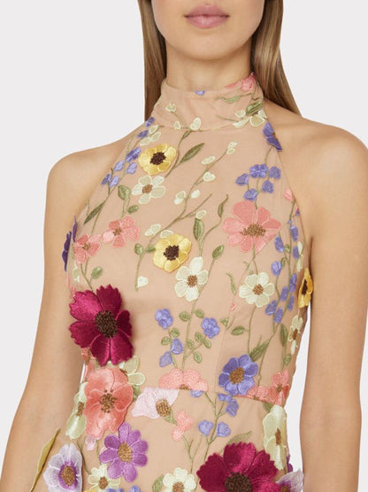 Neues, besticktes, dreidimensionales Blumen-Neckholder-dünnes Kleid für Damen, kleines Kleid 