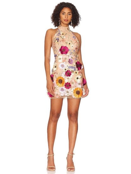 Robe à fleurs tridimensionnelles brodées pour femmes, nouvelle collection, col licou, slim, petite robe 