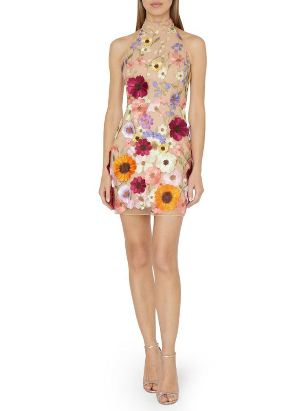 Robe à fleurs tridimensionnelles brodées pour femmes, nouvelle collection, col licou, slim, petite robe 