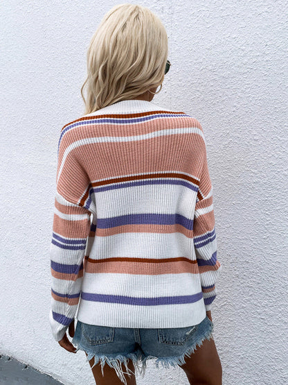 Pull ample rayé à manches longues et col rond pour femme 