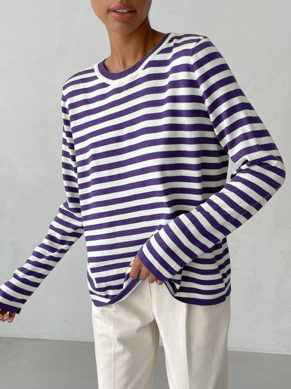 Pull ample rayé à manches longues et col rond pour femme 