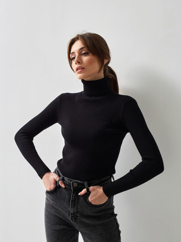 Pull slim à manches longues et col haut pour femme 