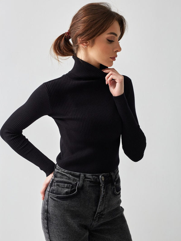 Pull slim à manches longues et col haut pour femme 