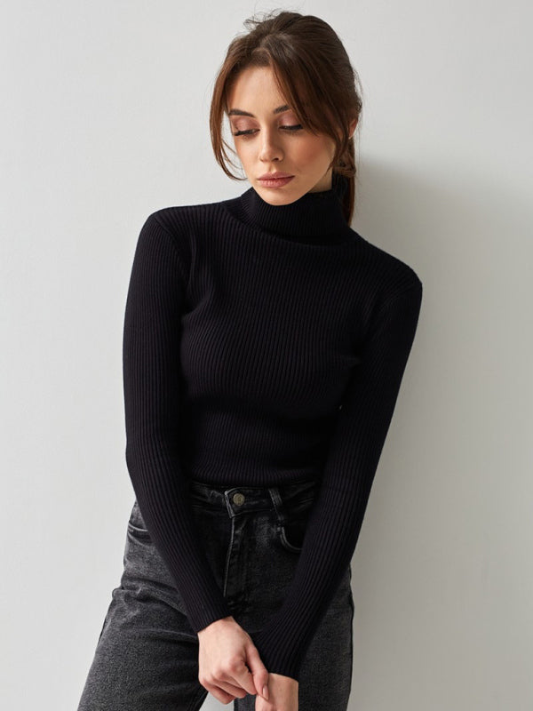 Pull slim à manches longues et col haut pour femme 