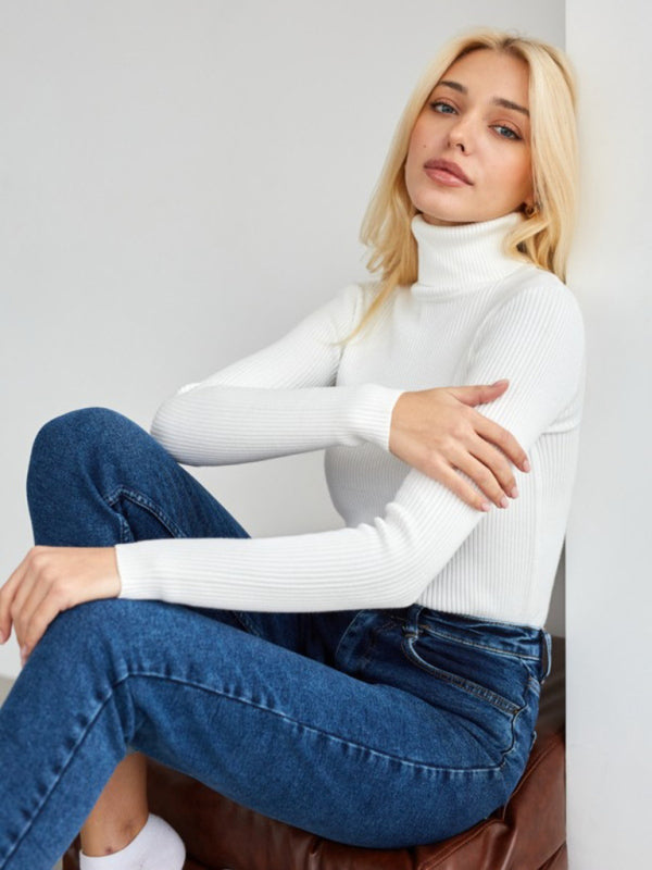 Pull slim à manches longues et col haut pour femme 