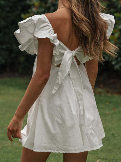 V-neck ruffle sleeves age-reducing short dress