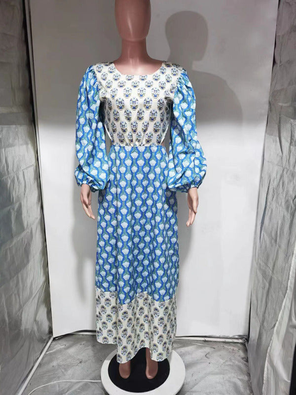 Rückenfreies Kleid mit floralem Kontrast und Laternenärmeln 