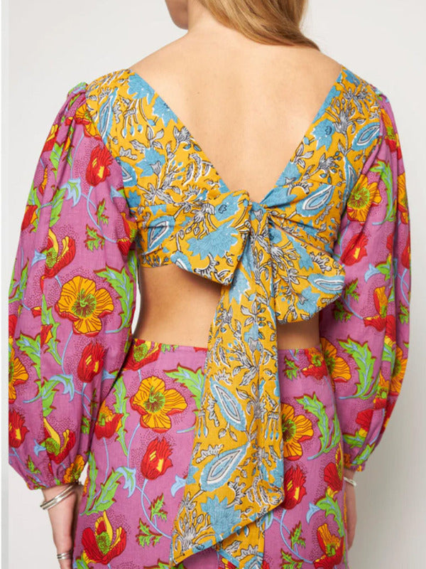 Floral contrast lantern sleeve backless dress