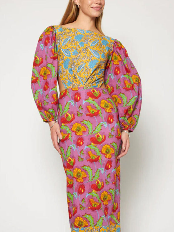 Floral contrast lantern sleeve backless dress