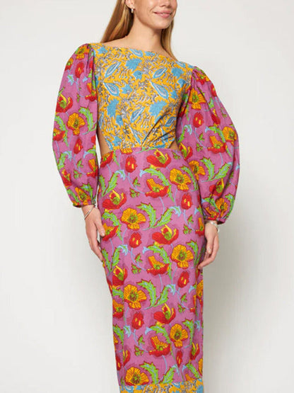 Rückenfreies Kleid mit floralem Kontrast und Laternenärmeln 