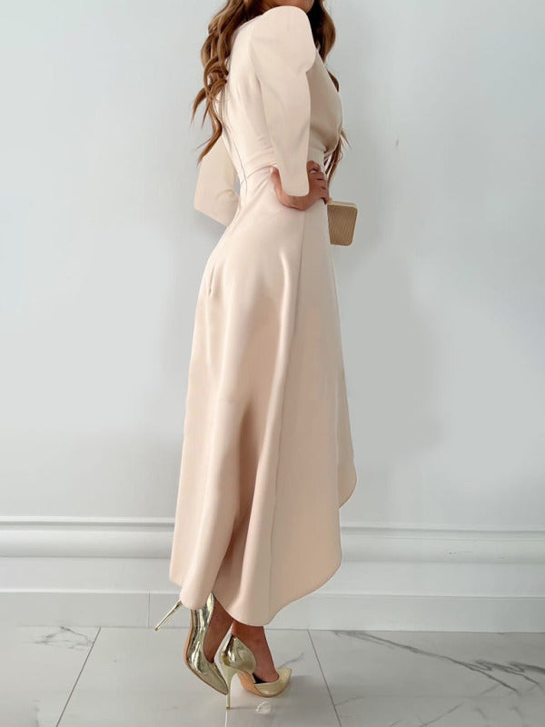 Robe fendue à manches longues et col en V pour femmes 
