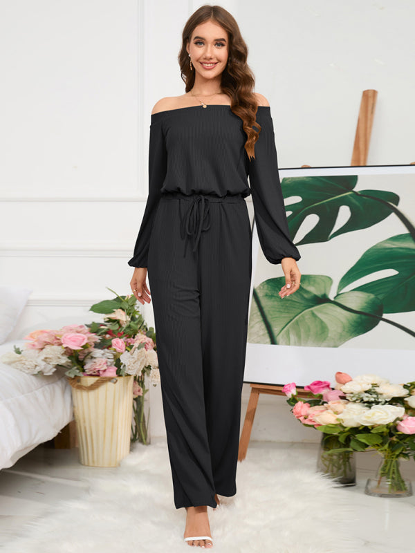 One-shoulder long-sleeved slim-waisted wide-leg jumpsuit