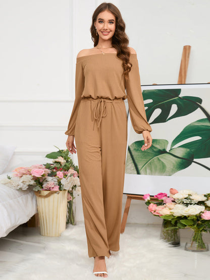 Einschultriger, langärmliger Jumpsuit mit schmaler Taille und weitem Bein 