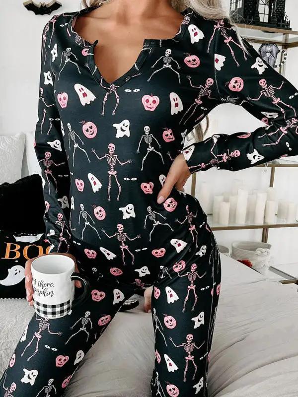 New printed long-sleeved slim casual trousers home suit