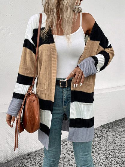 New long sleeve contrast color cardigan sweater