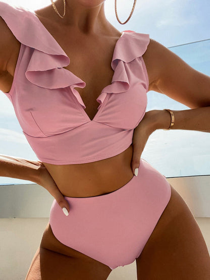 Neuer Damen-Badeanzug-Bikini aus Spitze mit V-Ausschnitt und Rüschen und hoher Taille 