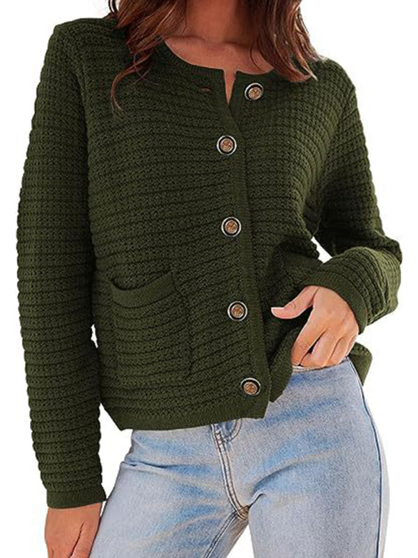 New round neck knitted commuter retro autumn casual cardigan long sleeve women&