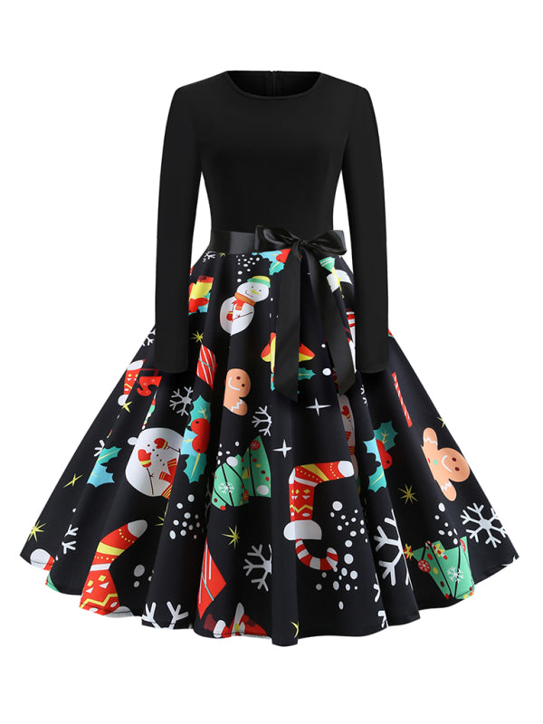 Christmas long-sleeved slim round neck printed dress