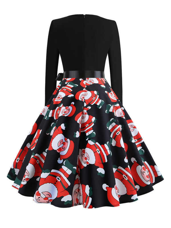 Christmas long-sleeved slim round neck printed dress